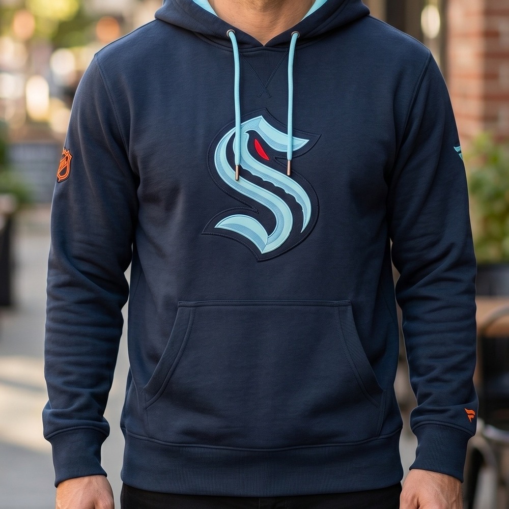 Fanatics Seattle Kraken NHL Authentic Pro Pullover Hoodie Navy Blue Ice Blue L